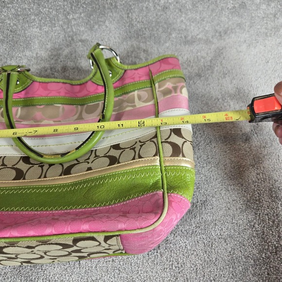 Coach Stripe Signature Monogram Purse Canvas Leather Tote Bag Pink Green - Picture 8 of 16